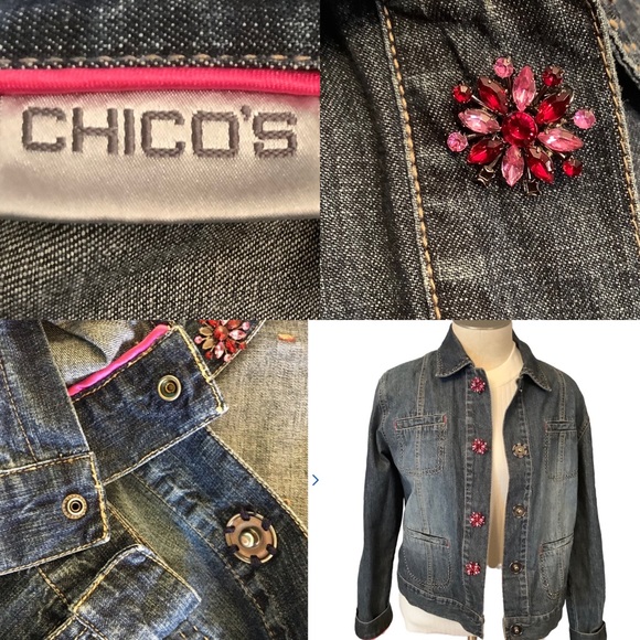 Chico's Jackets & Blazers - Chico's Lightweight Pre-washed Denim
Pink Rhinestone Button Snap Jacket Chico 0